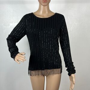 Chetta B Evening Wear Beaded Long Sleeve Fringe Hem Top Blouse Size M